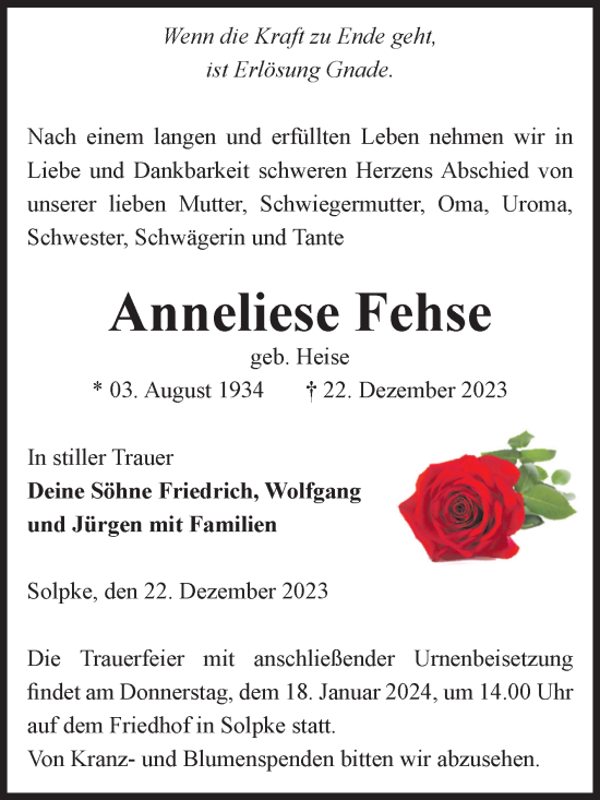 Traueranzeige von Anneliese Fehse von Volksstimme Altmark West