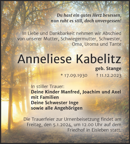 Traueranzeige von Anneliese Kabelitz von Trauerkombi Mansfelder Land