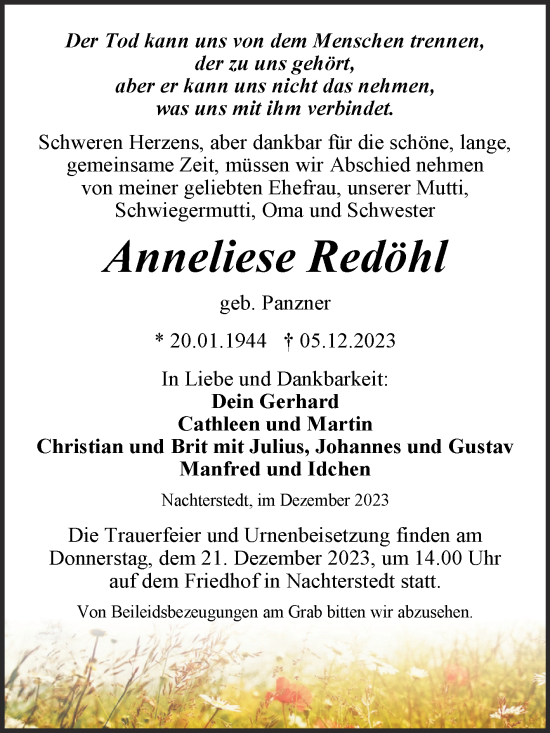 Traueranzeige von Anneliese Redöhl von Trauerkombi Aschersleben