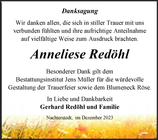 Traueranzeige von Anneliese Redöhl von Trauerkombi Aschersleben