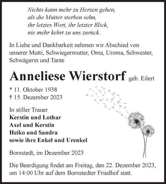 Traueranzeige von Anneliese Wierstorf von Volksstimme Haldensleben/Wolmirstedt