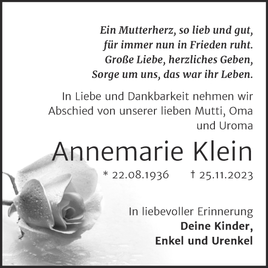 Traueranzeige von Annemarie Klein von Trauerkombi Weißenfels