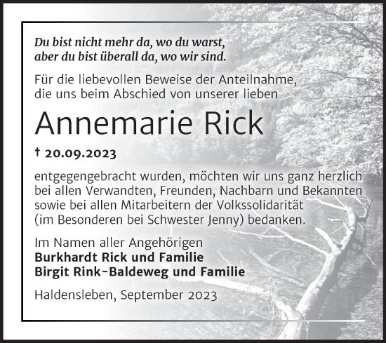 Traueranzeige von Annemarie Rick 