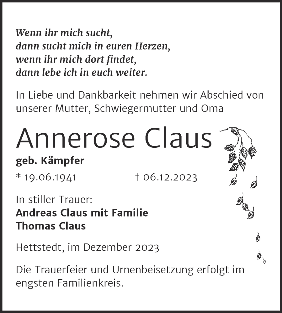  Traueranzeige für Annerose Claus vom 09.12.2023 aus Trauerkombi Mansfelder Land