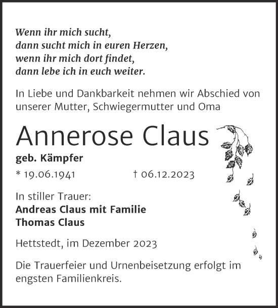 Traueranzeige von Annerose Claus von Trauerkombi Mansfelder Land