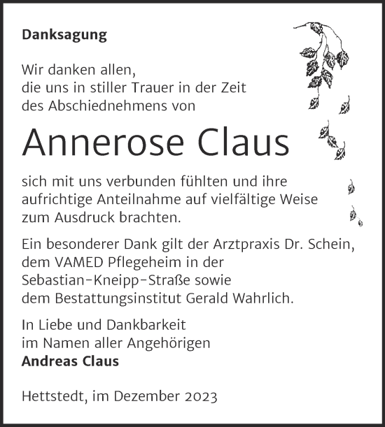 Traueranzeige von Annerose Claus von Trauerkombi Mansfelder Land