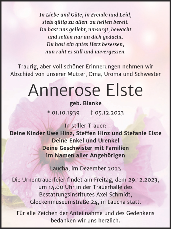 Traueranzeige von Annerose Elste von Wochenspiegel Naumburg/Nebra