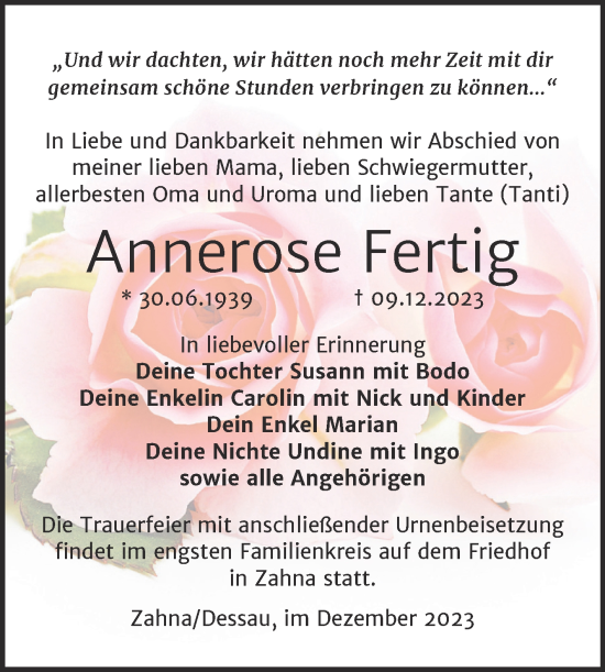Traueranzeige von Annerose Fertig von Trauerkombi Wittenberg