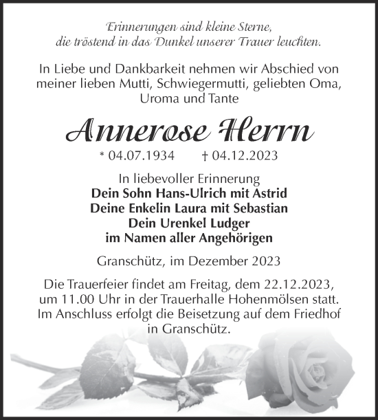 Traueranzeige von Annerose Herrn von Trauerkombi Weißenfels