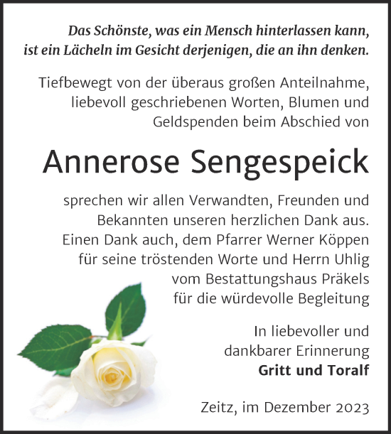 Traueranzeige von Annerose Sengespeick von Trauerkombi Zeitz