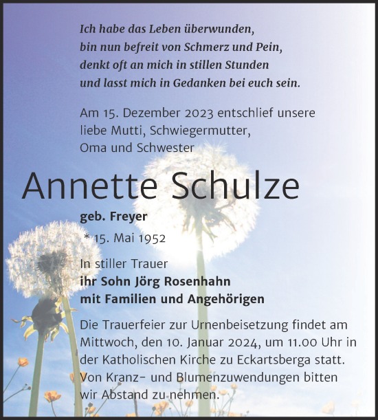 Traueranzeige von Annette Schulze von Super Sonntag Naumburg/Nebra