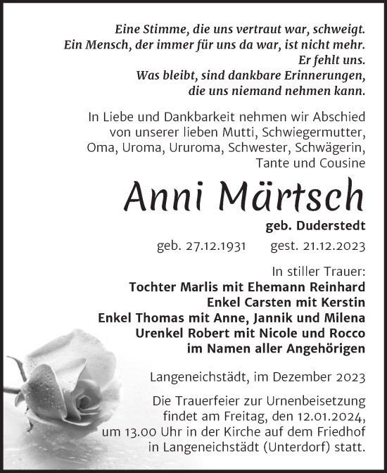 Traueranzeige von Anni Märtsch von Trauerkombi Merseburg