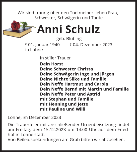 Traueranzeige von Anni Schulz von Volksstimme Altmark West