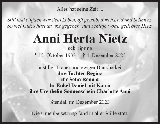 Traueranzeige von Anni Herta Nietz von Volksstimme Altmark Ost