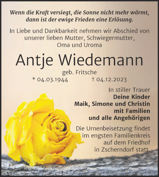 Traueranzeige von Antje Wiedemann von Trauerkombi Bitterfeld