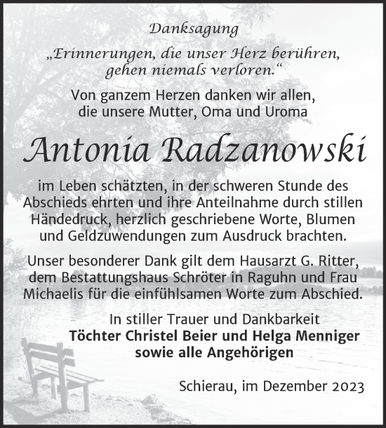 Traueranzeige von Antonia Radzanowski von Trauerkombi Bitterfeld