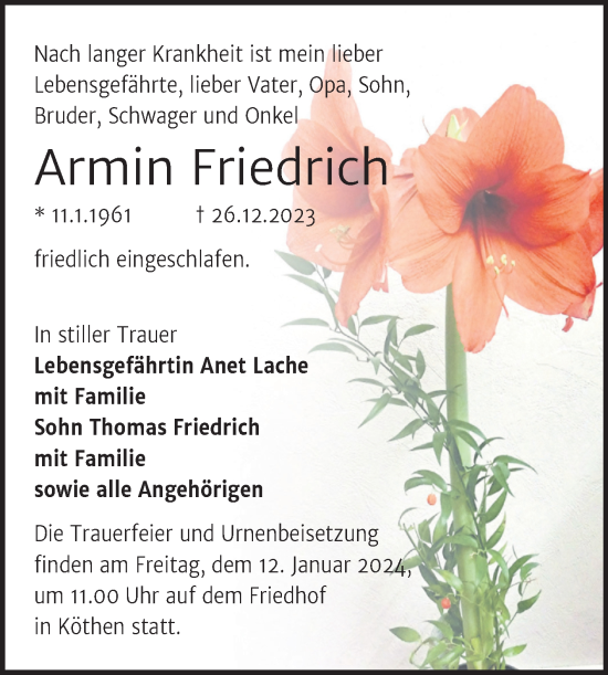 Traueranzeige von Armin Friedrich von Trauerkombi Köthen