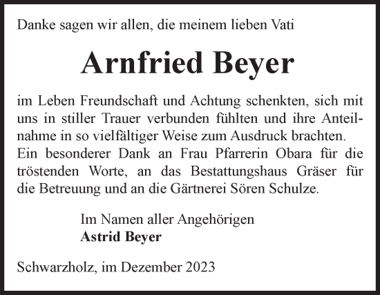 Traueranzeige von Arnfried Beyer von Volksstimme Altmark Ost