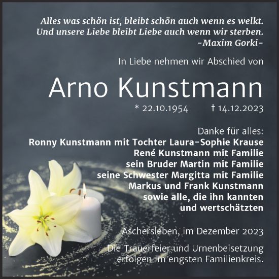 Traueranzeige von Arno Kunstmann von Trauerkombi Aschersleben
