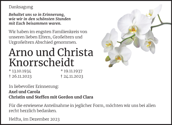 Traueranzeige von Arno und Christa Knorrscheidt von Trauerkombi Mansfelder Land