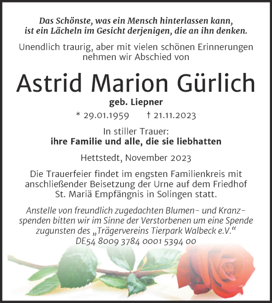 Traueranzeige von Astrid Marion Gürlich von Mitteldeutsche Zeitung Mansfelder Land