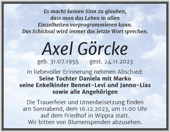 Traueranzeige von Axel Görcke von Trauerkombi Mansfelder Land