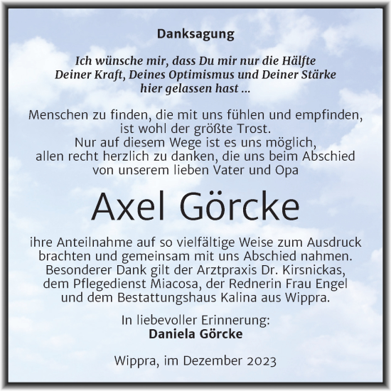 Traueranzeige von Axel Görcke von Trauerkombi Mansfelder Land