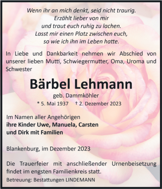 Traueranzeige von Bärbel Lehmann von Volksstimme Wernigerode