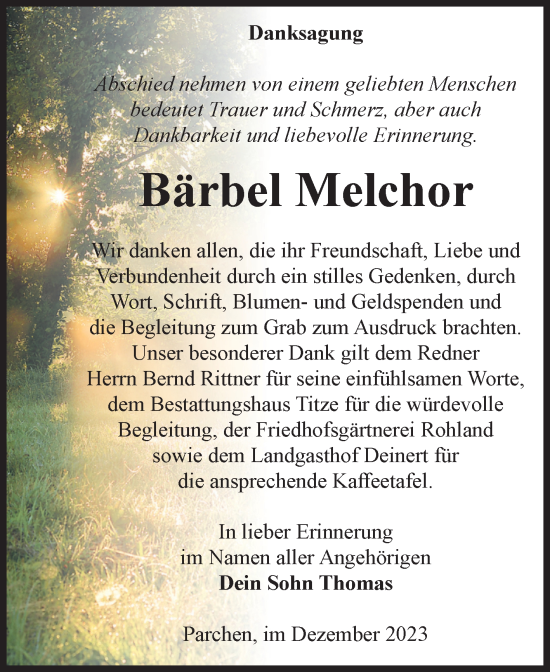 Traueranzeige von Bärbel Melchor von Volksstimme Burg/Genthin