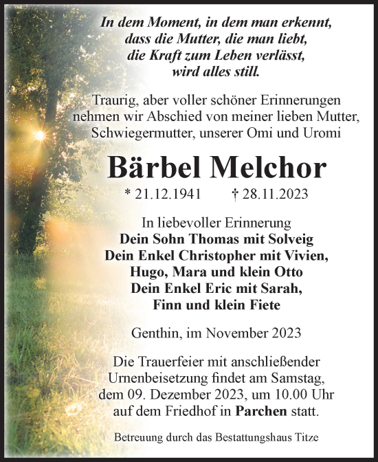 Traueranzeige von Bärbel Melchor von Volksstimme Burg/Genthin