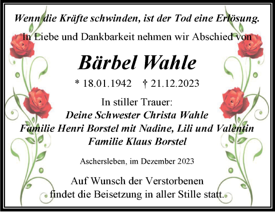 Traueranzeige von Bärbel Wahle von Trauerkombi Aschersleben