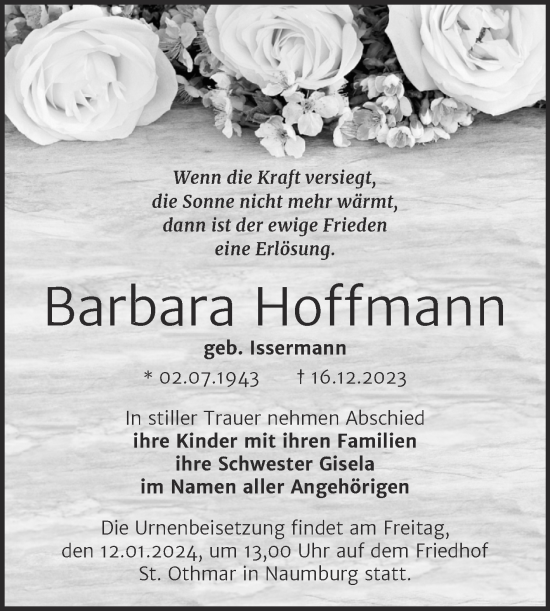 Traueranzeige von Barbara Hoffmann von Super Sonntag Naumburg/Nebra