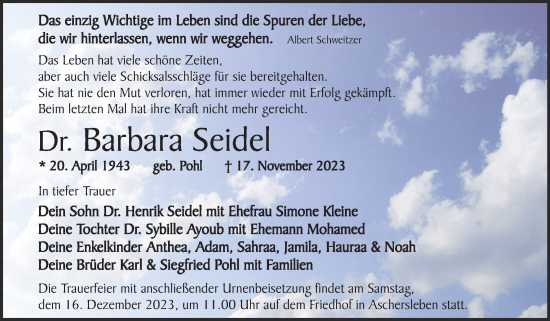 Traueranzeige von Barbara Seidel von Trauerkombi Aschersleben