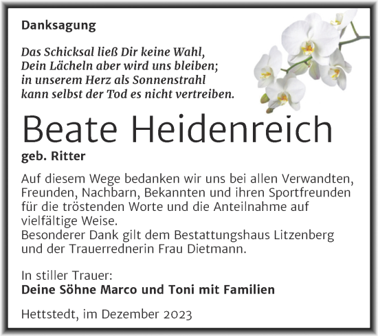 Traueranzeige von Beate Heidenreich von Trauerkombi Mansfelder Land