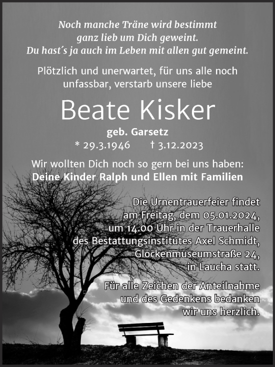 Traueranzeige von Beate Kisker von Wochenspiegel Naumburg/Nebra