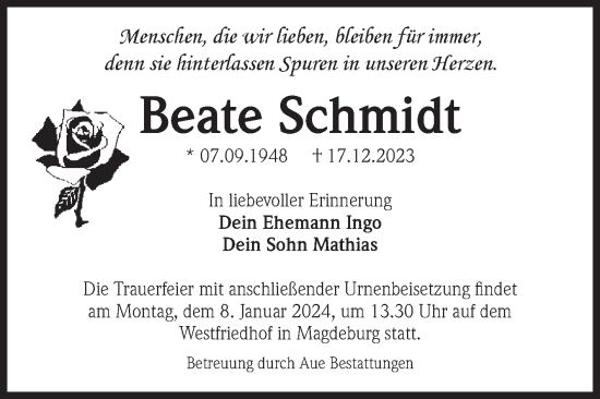 Traueranzeige von Beate Schmidt von Volksstimme Burg/Genthin
