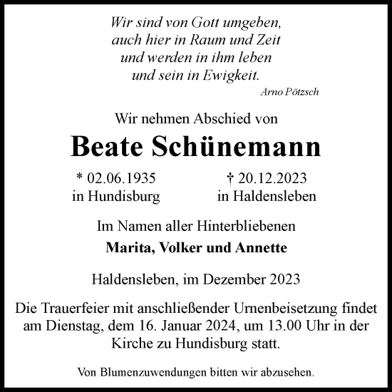 Traueranzeige von Beate Schünemann von Volksstimme Haldensleben/Wolmirstedt