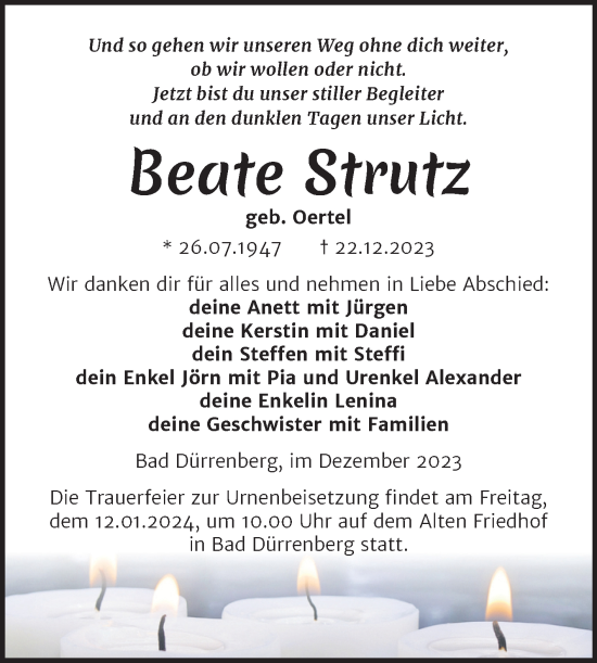 Traueranzeige von Beate Strutz von Trauerkombi Merseburg