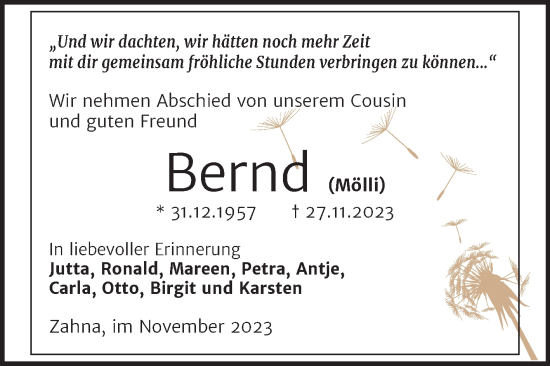 Traueranzeige von Bernd  von Trauerkombi Wittenberg