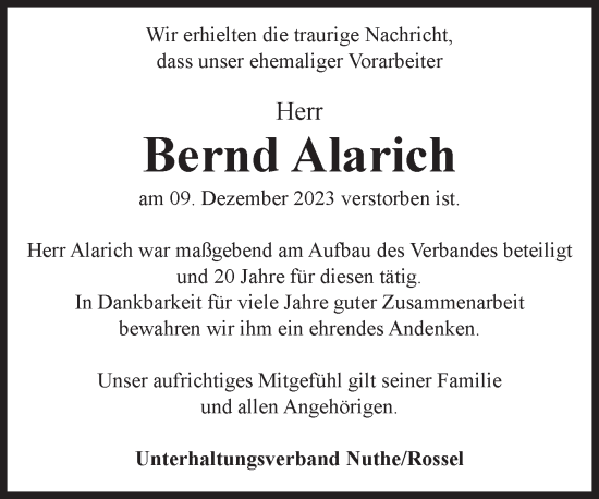 Traueranzeige von Bernd Alarich von Volksstimme Zerbst