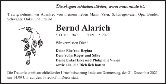 Traueranzeige von Bernd Alarich von Volksstimme Zerbst