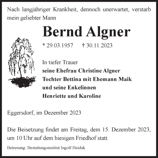 Traueranzeige von Bernd Algner von Volksstimme Schönebeck