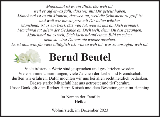 Traueranzeige von Bernd Beutel von Volksstimme Haldensleben/Wolmirstedt