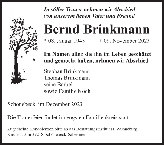 Traueranzeige von Bernd Brinkmann von Volksstimme Schönebeck