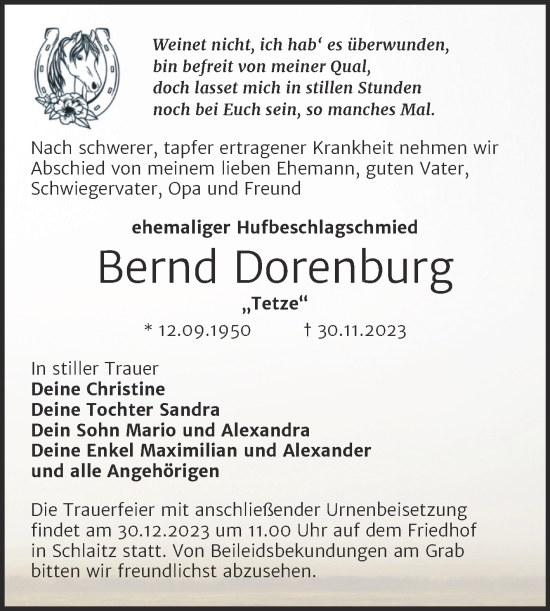 Traueranzeige von Bernd Dorenburg von Trauerkombi Bitterfeld