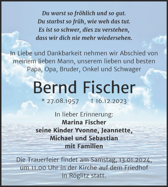 Traueranzeige von Bernd Fischer von Trauerkombi Merseburg
