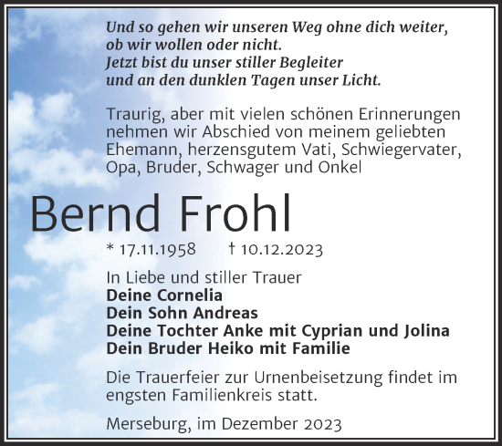 Traueranzeige von Bernd Frohl von Trauerkombi Merseburg
