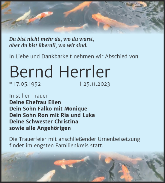 Traueranzeige von Bernd Herrler von Trauerkombi Wittenberg
