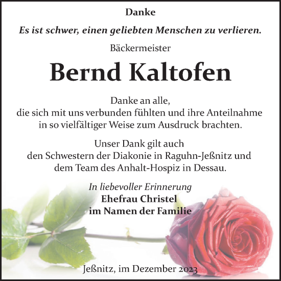 Traueranzeige von Bernd Kaltofen von Trauerkombi Bitterfeld