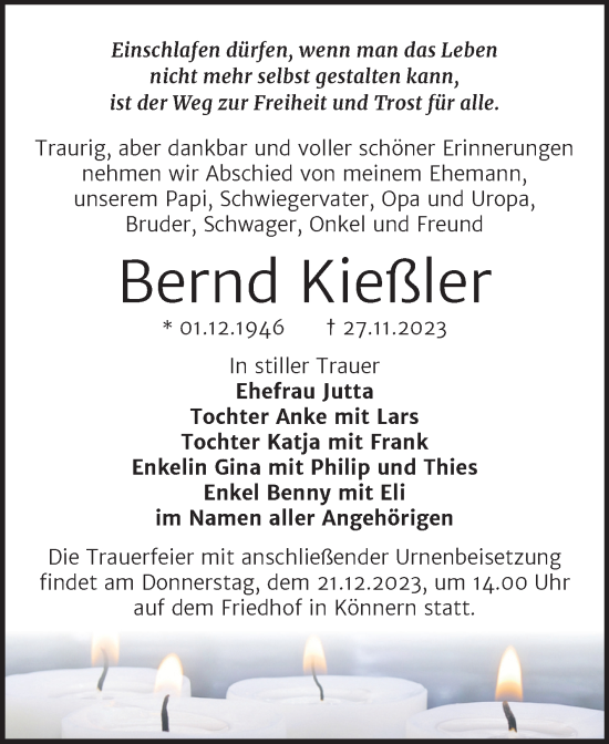 Traueranzeige von Bernd Kießler von Trauerkombi Bernburg